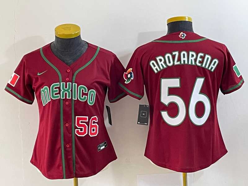 Women%27s Mexico Baseball #56 Randy Arozarena Number 2023 Red World Classic Stitched Jersey 1